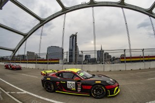 #120 Porsche 718 Cayman GT4 CS MR of Adam Adelson, Premier Racing, GT America Powered by AWS, GT4, SRO America, GT America, Nashville, TN, Aug 2021. | Brian Cleary/SRO