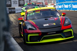 #120 Porsche 718 Cayman GT4 CS MR of Adam Adelson, Premier Racing, GT America Powered by AWS, GT4, SRO America, GT America, Nashville, TN, Aug 2021. | Brian Cleary/SRO