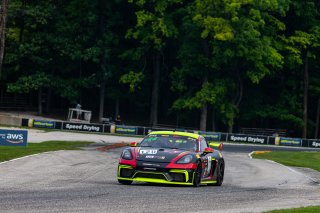 #120 Porsche 718 Cayman GT4 CS MR of Adam Adelson, Premier Racing, GT America Powered by AWS, GT4, SRO America, Road America, Elkhart Lake, WI, Aug 2021. | Sarah Weeks/SRO             