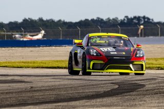 #120 Porsche 718 Cayman GT4 CS MR of Adam Adelson, Premier Racing, GT America Powered by AWS, GT4, SRO America, Sebring International Raceway, Sebring, FL, September 2021. | Brian Cleary/SRO