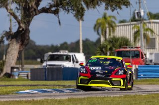 #120 Porsche 718 Cayman GT4 CS MR of Adam Adelson, Premier Racing, GT America Powered by AWS, GT4, SRO America, Sebring International Raceway, Sebring, FL, September 2021. | Regis Lefebure/SRO