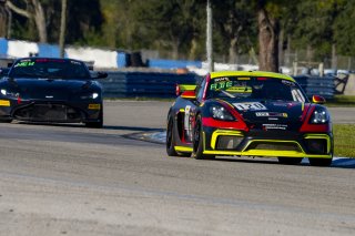#120 Porsche 718 Cayman GT4 CS MR of Adam Adelson, Premier Racing, GT America Powered by AWS, GT4, SRO America, Sebring International Raceway, Sebring, FL, September 2021. | Brian Cleary/SRO
