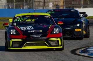 #120 Porsche 718 Cayman GT4 CS MR of Adam Adelson, Premier Racing, GT America Powered by AWS, GT4, SRO America, Sebring International Raceway, Sebring, FL, September 2021. | Brian Cleary/SRO