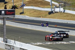Checkered flag, race 1, #27 Audi R8 LMS of Jason Daskalos, Daskolas Motorsports, beats #04 Mercedes-AMG GT3 of George Kurtz, Riley Motorsports, GT America Powered by AWS, SRO3, SRO America, Sonoma Raceway, Sonoma, CA, April  2022.
 | RegisLefebure/SRO