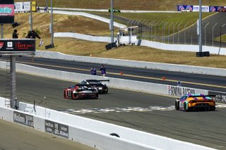 Checkered flag, race 1, #27 Audi R8 LMS of Jason Daskalos, Daskolas Motorsports, beats #04 Mercedes-AMG GT3 of George Kurtz, Riley Motorsports, GT America Powered by AWS, SRO3, SRO America, Sonoma Raceway, Sonoma, CA, April  2022.
 | RegisLefebure/SRO