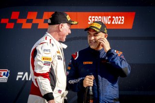 #27 Mercedes-AMG GT3 of Jason Daskalos, CRP Racing, GT America Powered by AWS, SRO3, #3 Audi R8-LMS of Johnny O'Connell. SKI Autosports, SRO America, Sebring International Raceway, Sebring, FL, September 2023.
 | Brian Cleary/SRO