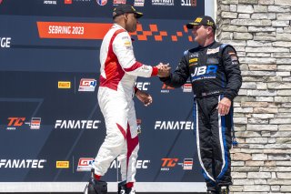 #2 Aston Martin Vantage AMR GT4 of Jason Bell, Flying Lizard Motorsports, GT America Powered by AWS, GT4, #099 Porsche 718 Cayman GT4 RS Clubsport of Robb Holland, Rotek Racing, SRO America, Sebring International Raceway, Sebring, FL, September 2023.
 | Brian Cleary/SRO