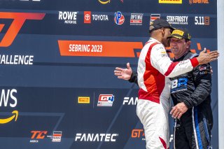 #2 Aston Martin Vantage AMR GT4 of Jason Bell, Flying Lizard Motorsports, GT America Powered by AWS, GT4, #099 Porsche 718 Cayman GT4 RS Clubsport of Robb Holland, Rotek Racing, SRO America, Sebring International Raceway, Sebring, FL, September 2023.
 | Brian Cleary/SRO