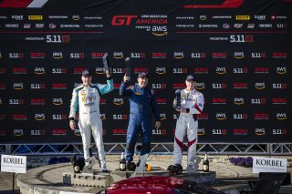 #27 Mercedes-AMG GT3 of Jason Daskalos, CRP Racing, #14 Audi R8 LMS GT3 of James Sofronas, GMG Racing, #3 Audi R8 LMS GT3 of Johnny O'Connell, SKI Autosports, GT America Powered by AWS, SRO3, Streets of Long Beach Presented by 5.11, Long Beach, CA, April  | Fabian Lagunas / SRO