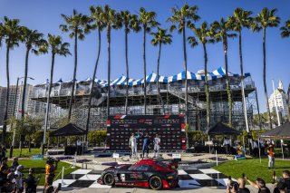 #27 Mercedes-AMG GT3 of Jason Daskalos, CRP Racing, #14 Audi R8 LMS GT3 of James Sofronas, GMG Racing, #3 Audi R8 LMS GT3 of Johnny O'Connell, SKI Autosports, GT America Powered by AWS, SRO3, Streets of Long Beach Presented by 5.11, Long Beach, CA, April  | Fabian Lagunas / SRO