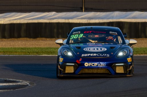 #098 Porsche 718 Cayman GT4 of Isaac Sherman, Rotek Racing, GT America, GT4, SRO America, Indianapolis Motor Speedway, Indianapolis, IN, October 2024.
 | Brian Cleary/SRO