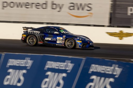 #098 Porsche 718 Cayman GT4 of Isaac Sherman, Rotek Racing, GT America, GT4, SRO America, Indianapolis Motor Speedway, Indianapolis, IN, October 2024.
 | Brian Cleary/SRO
