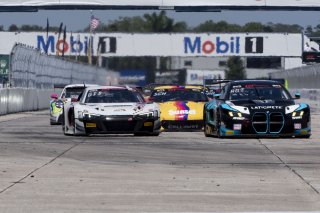 #29 BMW M4 GT3 of Justin Rothberg, Turner Motorsport, GT America, SRO3, #56 Audi R8 LMS GT3 EVOII of Memo Gidley, SKI Autosports, SRO America, Sebring International Raceway, Sebring, FL, May 2025.
 | Brian Cleary/SRO