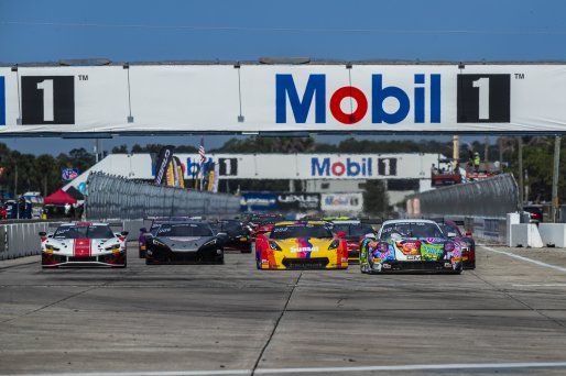 Start Race 2, #32 Porsche 911 GT3-R (992) EVO of Kyle Washington, GMG Racing, GT America, SRO3, SRO America, Sebring International Raceway, Sebring, FL, May 7 - 10, 2026, #70 Callaway Corvette C7 GT3-R of Mirco Schultis, MISHUMOTORS
 | Andrew Miterko Photography LLC &copy;2026